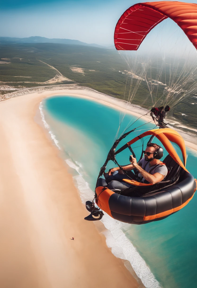 Create a Pixar movie-style image of a man with a small beard and sunglasses flying over the beach in a paramotor viewed from above