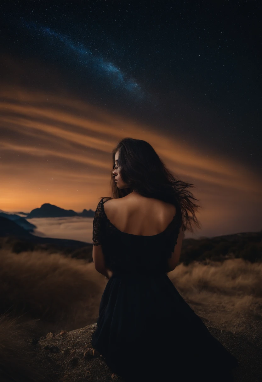 1girl,flequillo,morocho,cabello negro,ojos marron,noche ,estrellas,luna,meteoros