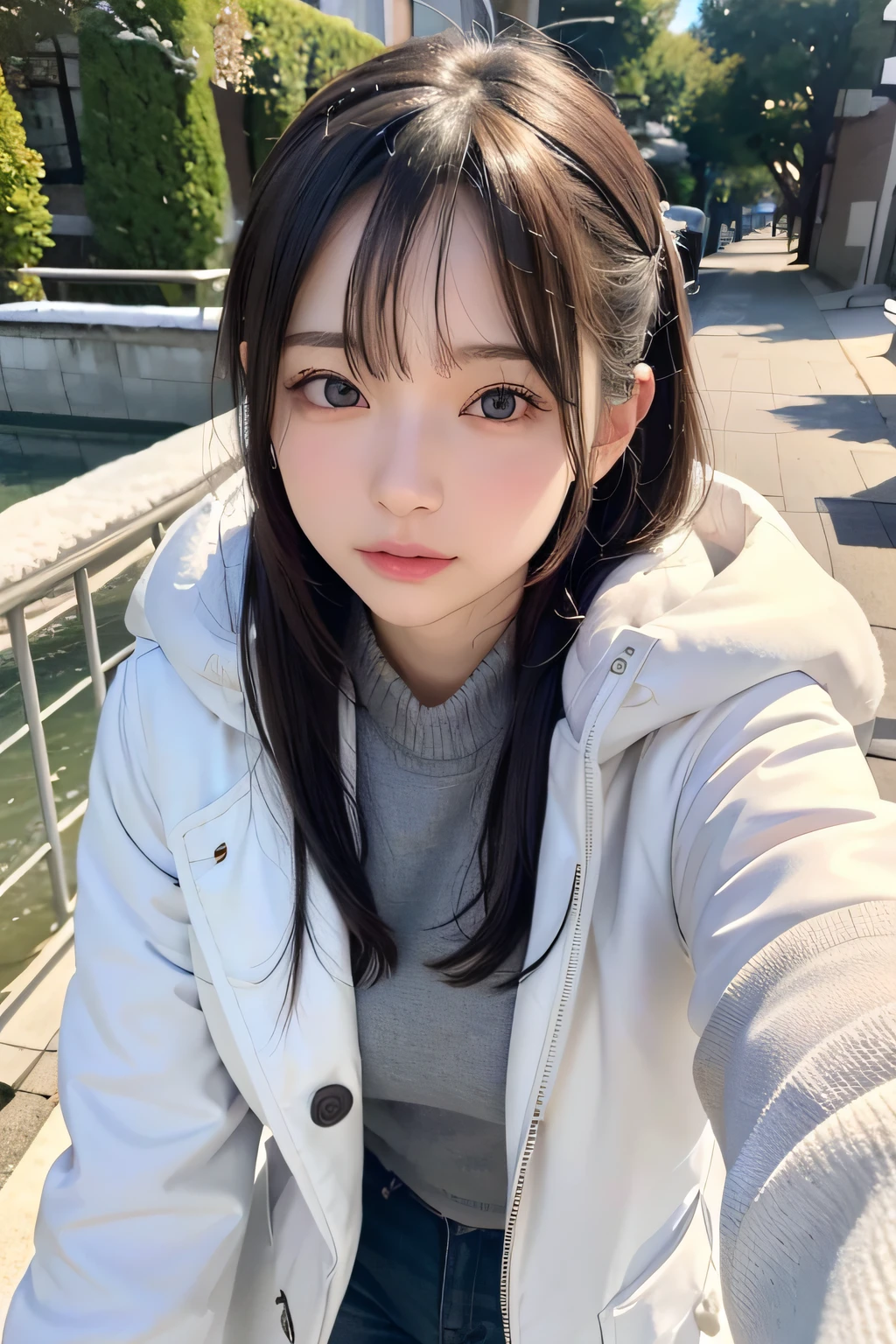 Fashion photo of young woman in Japan、boyish、23years old、Raw photography、(​masterpiece:1.2)、top-quality、ultra-detailliert、White hoodie、extra detailed face、Textured skin、film grains、