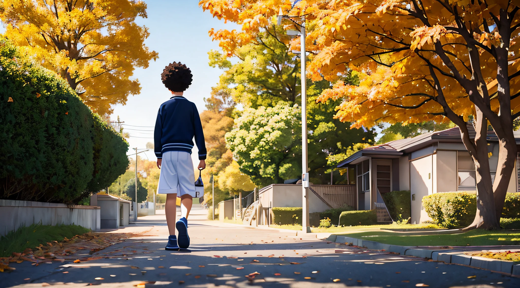 a disney cartoon anime pixar style best quality silhouette (((one preteen boy))) with a small afro walking on the right side into a school entrance building wearing a white and navy blue school uniform with short trousers and looking down head away autumn leaves on ground best quality ever