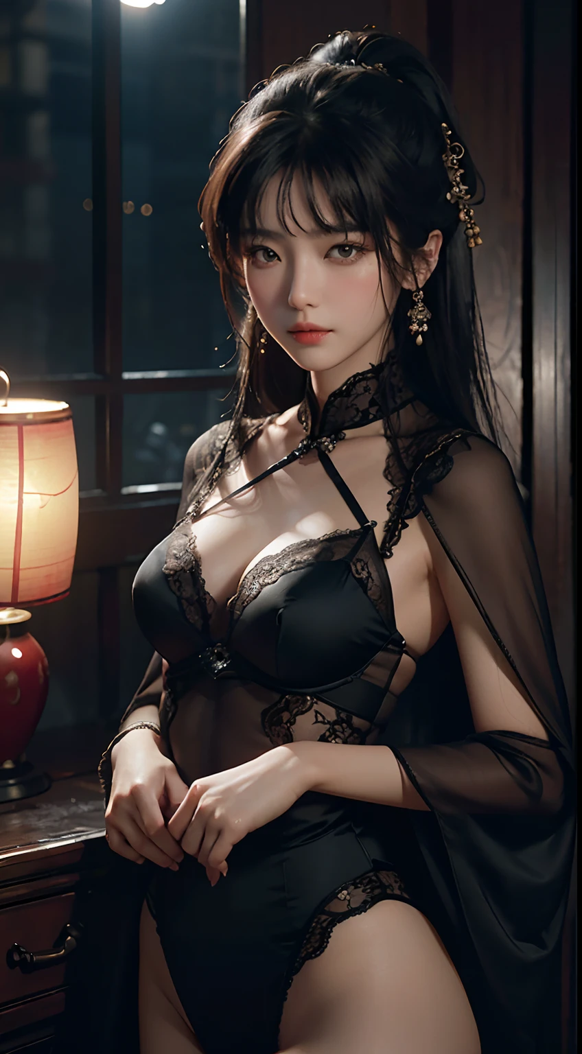 Best quality, (RAW photo: 1.2), (Masterpiece: 1.4), (Realistic: 1.4), (High resolution: 1.4), Chinese actress Guli Naza, depth of field, intricate details, 8k, very detailed, perfect lighting, epic background, lace lingerie