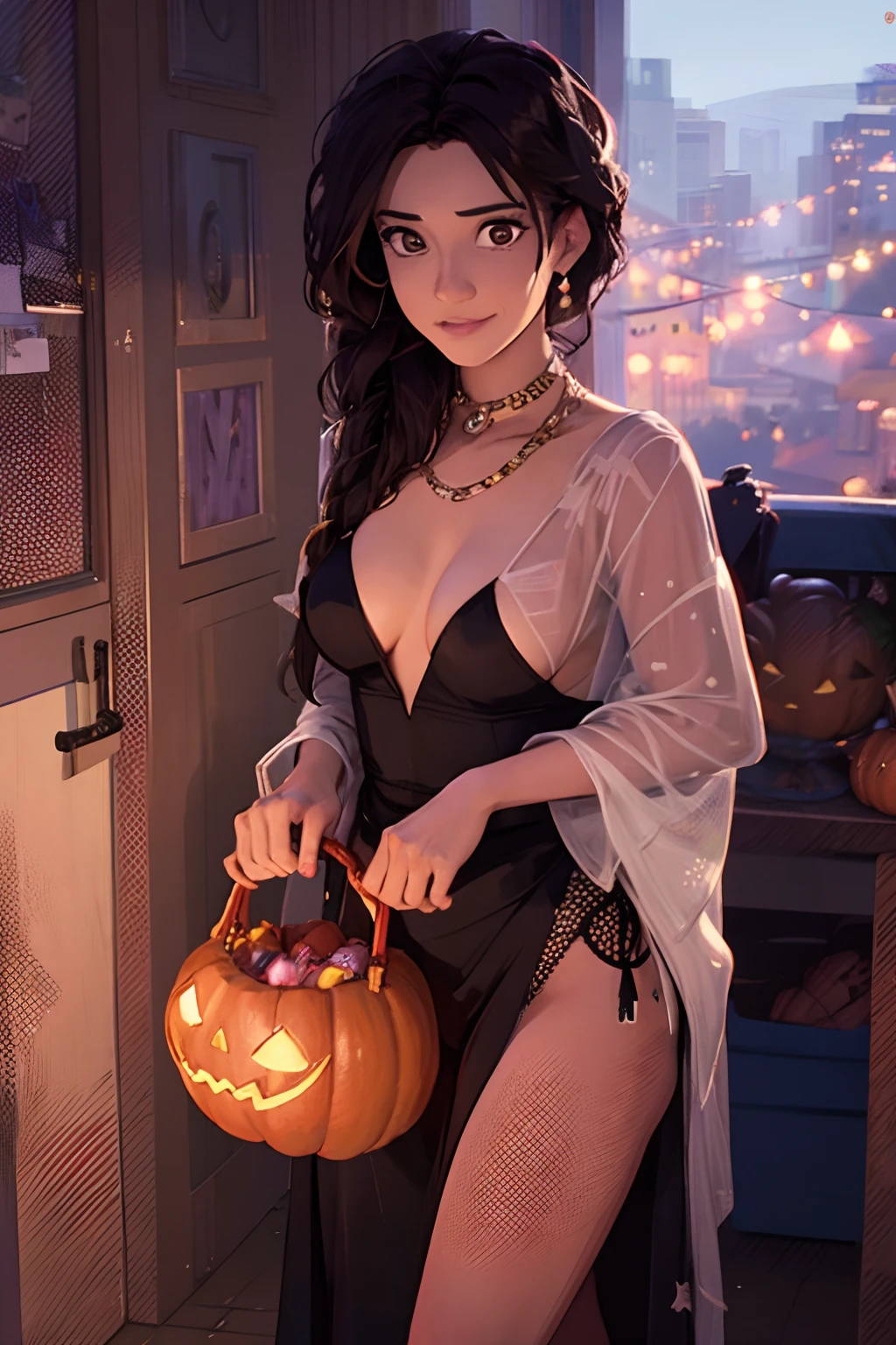 Rio morales, milf, giving candy on halloween night, wearing witch outfit, outside door, trick or treat, seductive, leaning down, giving candy, leaning down
