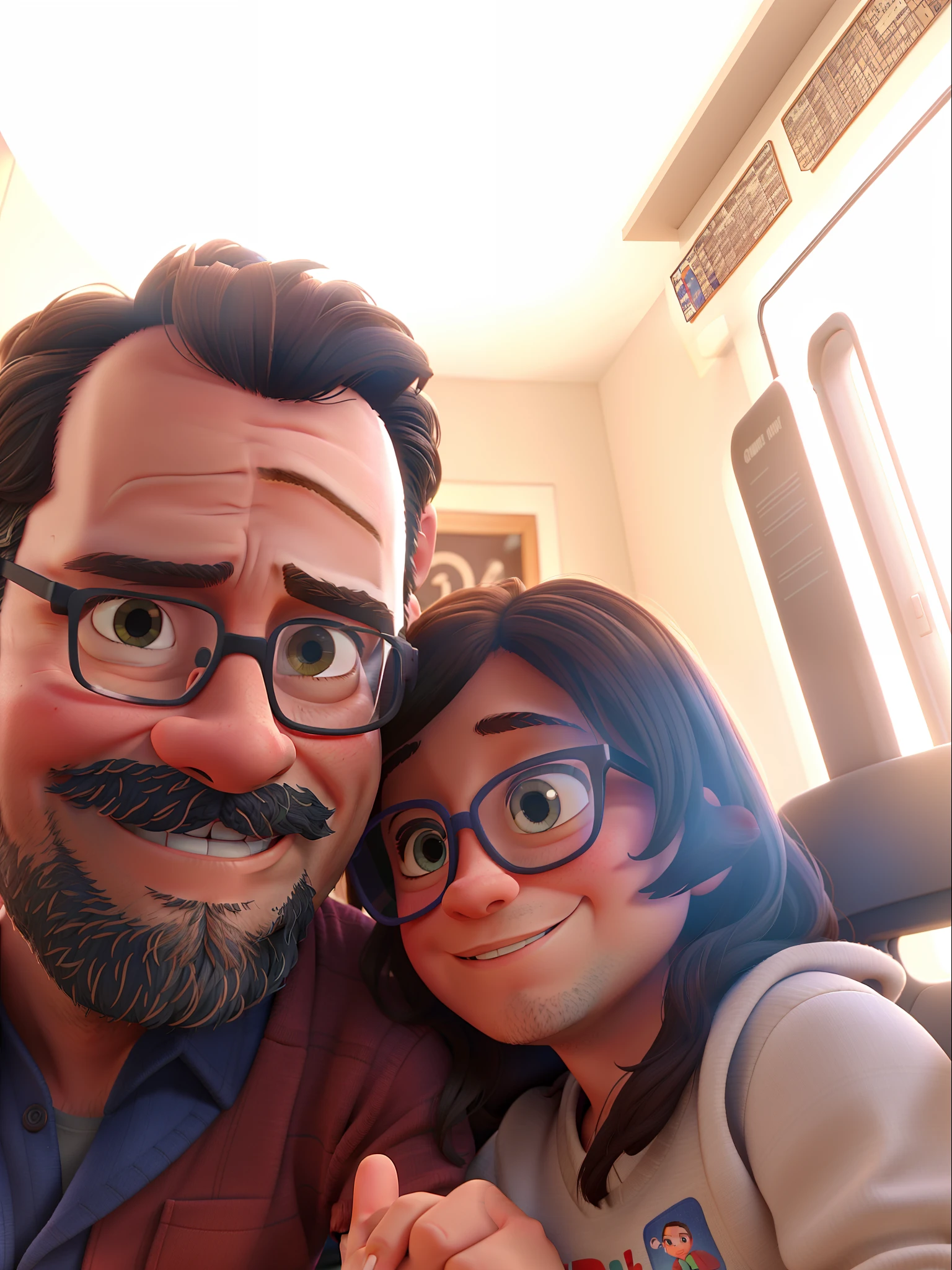 42-year-old man and his 6-year-old daughter with glasses, Disney Pixar poster style in high resolution