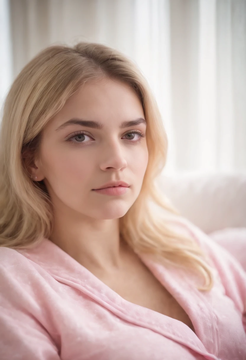 Sleeping girl, Spanish 22 years old, realistic, she is wearing pink long pajama, blond hair