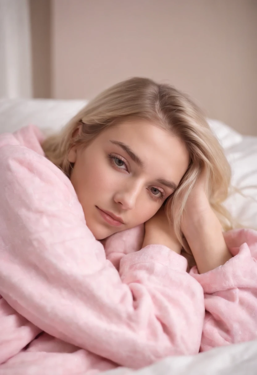 Young woman in pink sleepwear lying on bed