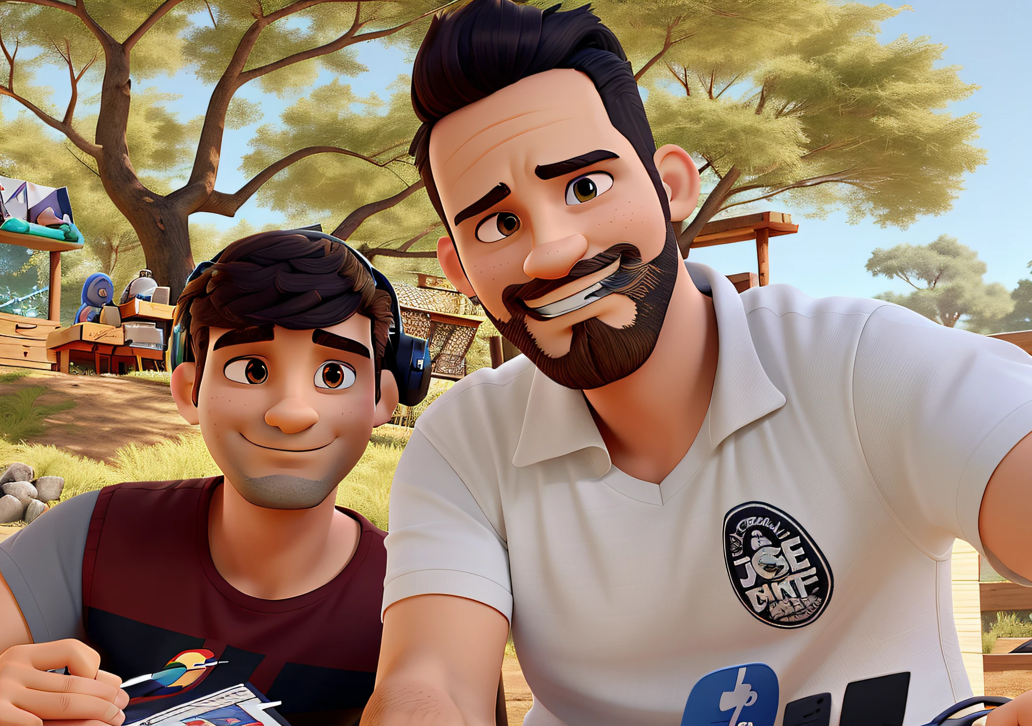 crie uma arte digital 3d com uma cena com um homem alto branco camisa preta cabelos curtos de cor castanho escuro e barba baixa,trabalhando no seu quarto de jogos. he's looking at a designer made in Photoshop on a Dell brand notebook and listens to music on the H brand headphone. The setting of the bedroom with bookshelf with small boxes and a few books, escrito na parede the north mens gaming, On the wall two guitars, Electric Guitar & Bass