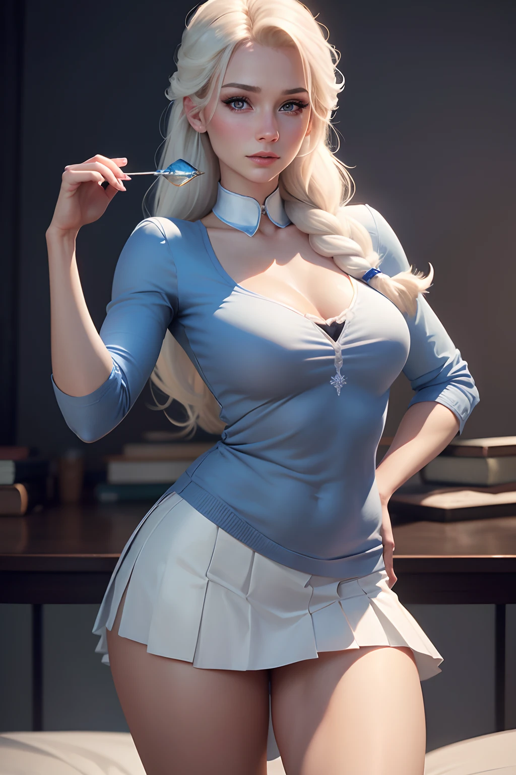 realistic elsa,with sexy student skirt is school class, 8k resolution, (best quality: 1.1), (anatomically correct: 1.1), (perfect hand: 1.1 ), ( (Facial Detail: 1.3)), (Skin Detail), (Perfect Eyes), (Perfect Nose), (perfect hand fingers)
