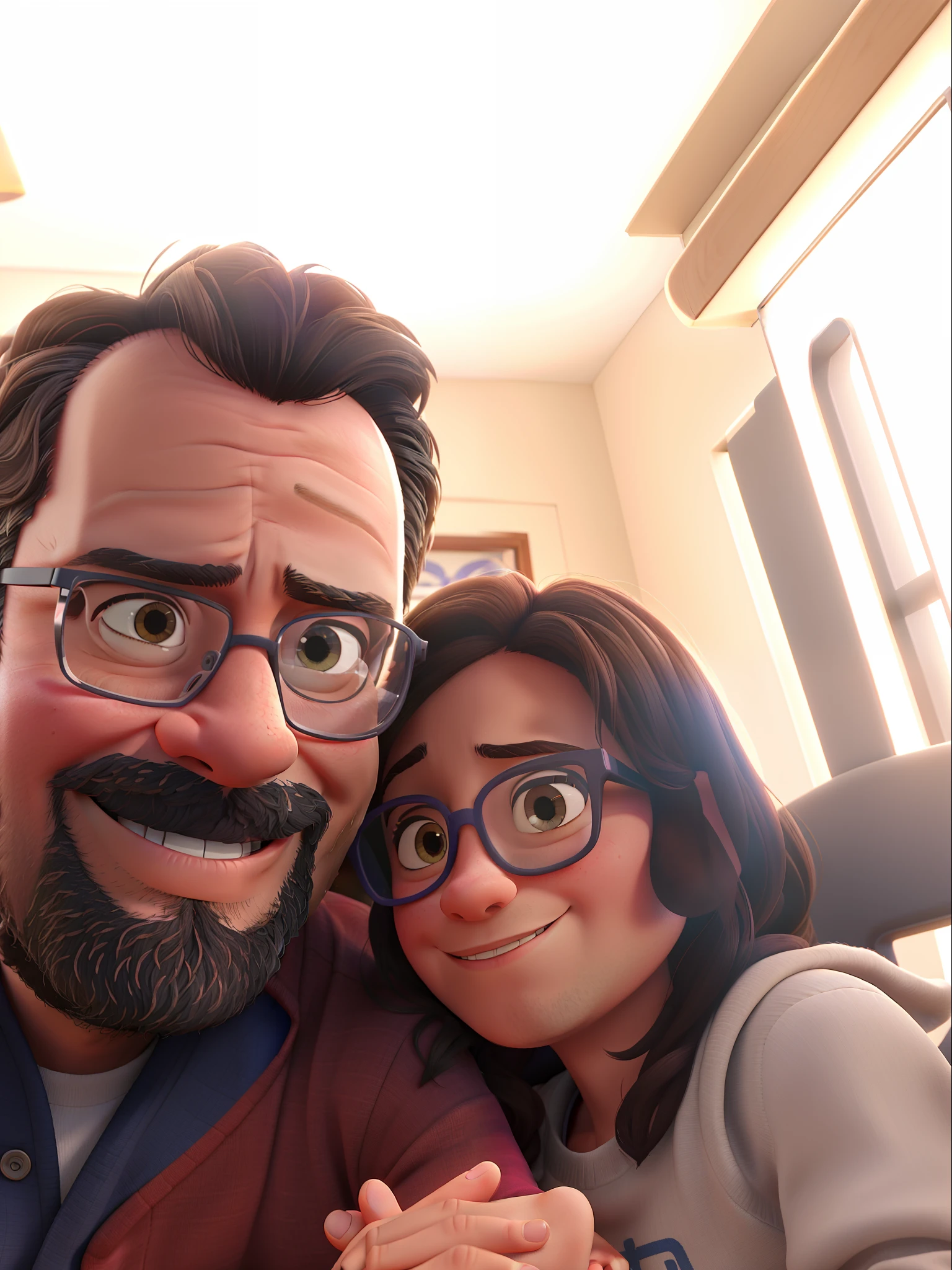 42-year-old man and his 6--old ghter with glasses, Disney Pixar poster style in high resolution