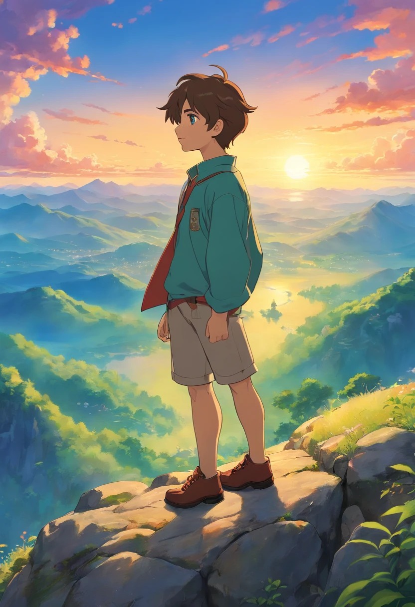 A young man stands on top of a mountain, contemplando un hermoso atardecer. A medida que el sol se oculta lentamente en el horizonte, Warm, vibrant colors paint the sky. The young man feels a deep inspiration and motivation when he observes this beautiful landscape. He describes how the beauty of the sunset is reflected in his eyes, filling them with hope and determination. She details how this moment reminds her of the importance of pursuing her dreams and working hard to reach her goals. He mentions how he feels strengthened and confident as he witnesses the grandeur of nature, and how this drives you to make the most of your potential and meet any challenges that come your way.