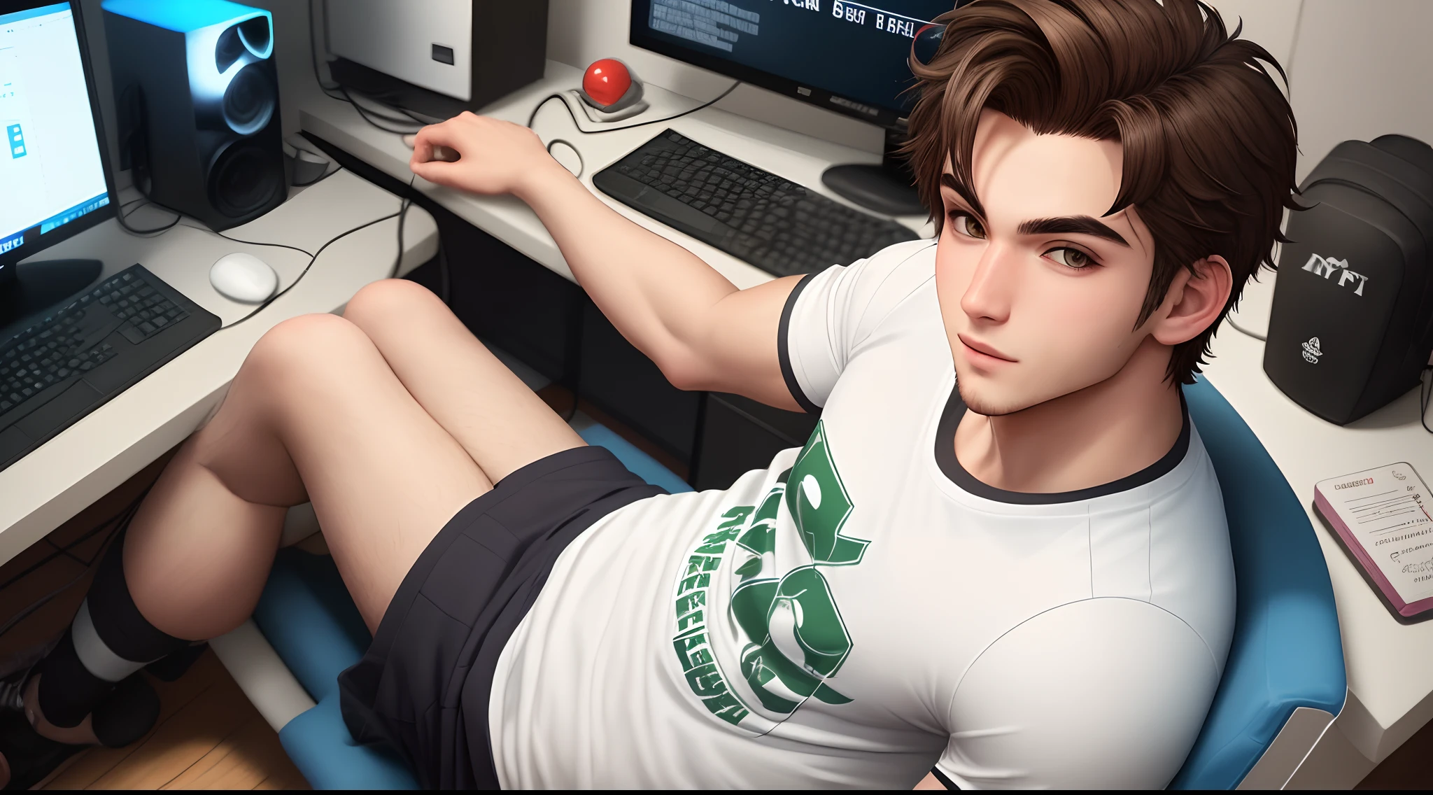 Handsome male, short red hair, red beard, sitting on gaming chair, expressionless, wearing glasses, detailed body, big bulge in pants, grey sweatpants, black Tshirt, nightfall, green eyes, detailed hands, horns