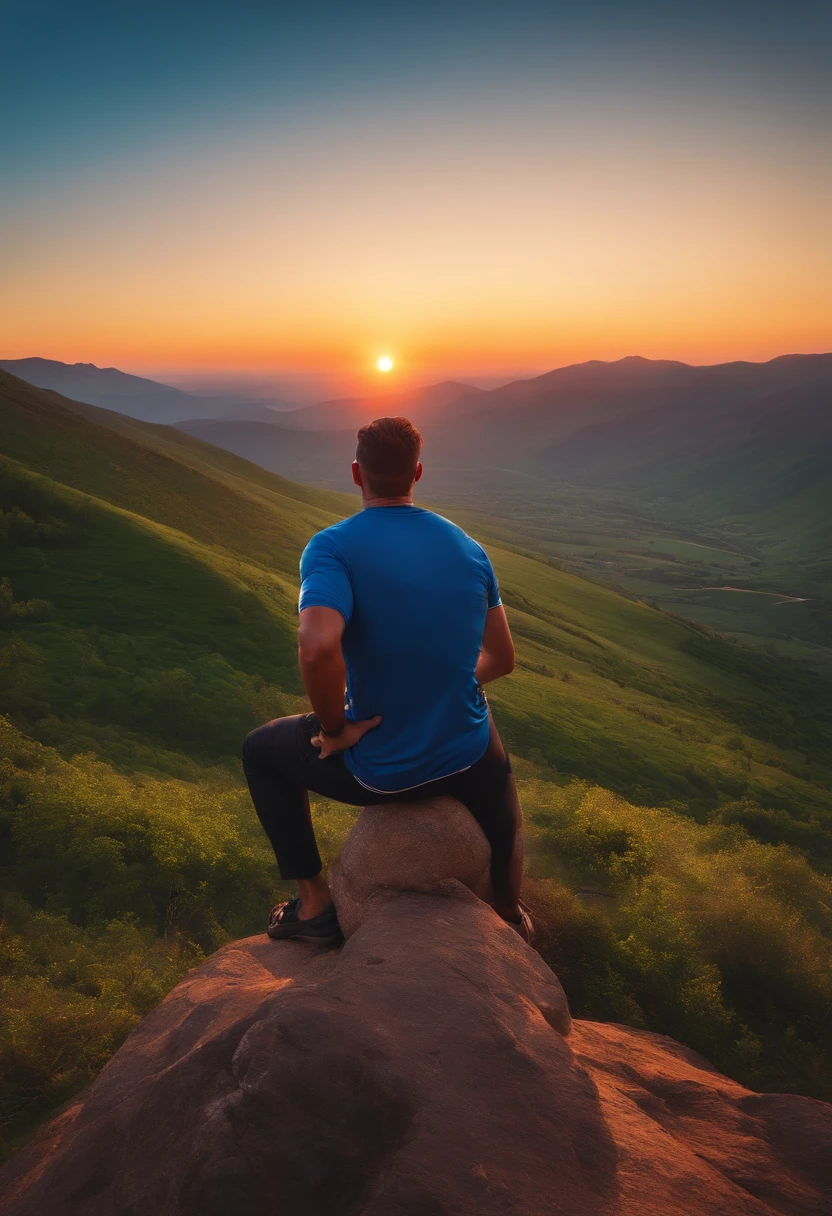 Create a Pixar movie-style image of a man with a small beard and sunglasses with a football shirt on his back watching the sunset from a mountain