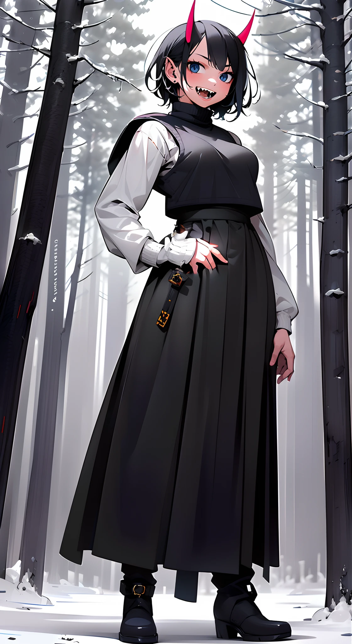 short hair, youngirl,black hair, vest, pullover, dragon horns, sharpteeth, standing, smile, full body , boots, long skirt, winter dress,, forest, woman-medieval-clothes, horns, smile, open mouth ,sharpteeth,, medium breast, blue eyes, five fingers