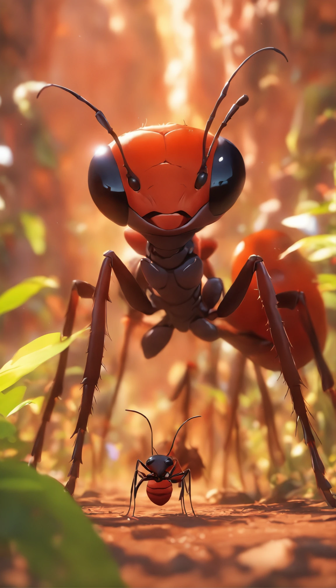 image, 8k, realistic, cinematography,"Describe a scene in which a giant ant with its entire body, close by, passes by João do Barro, with its beak open.