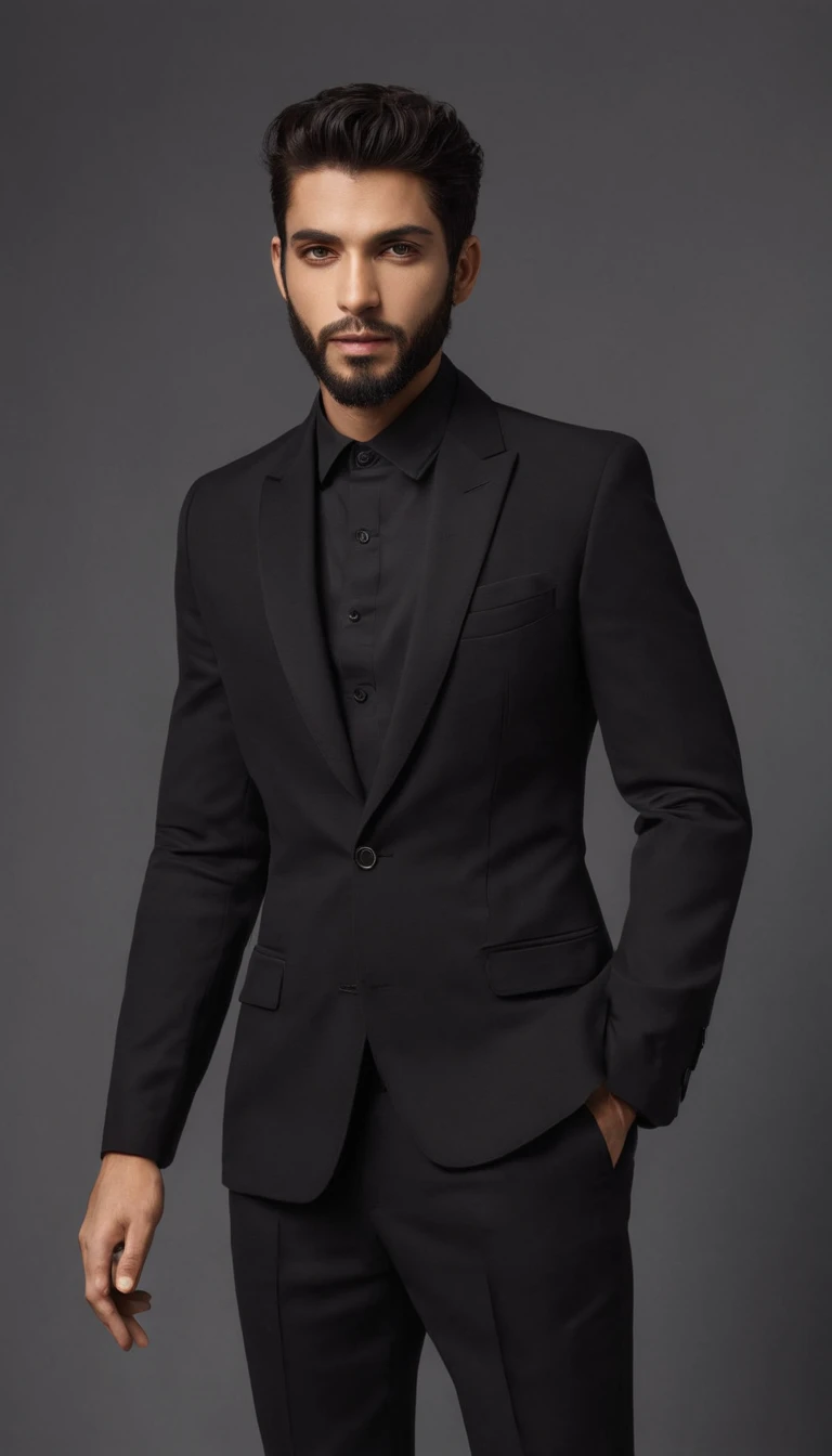 black business costume, ossos da bochecha alta,Poster 3d inspirado na Disney/Pixar capturando uma cena com um homem de 22 anos , cabelo preto baixo, barba curta , wearing a black shirt with the description " PRODUCTION" in the middle of his studio with a camera in his hand showing his happiness in recording his videos
