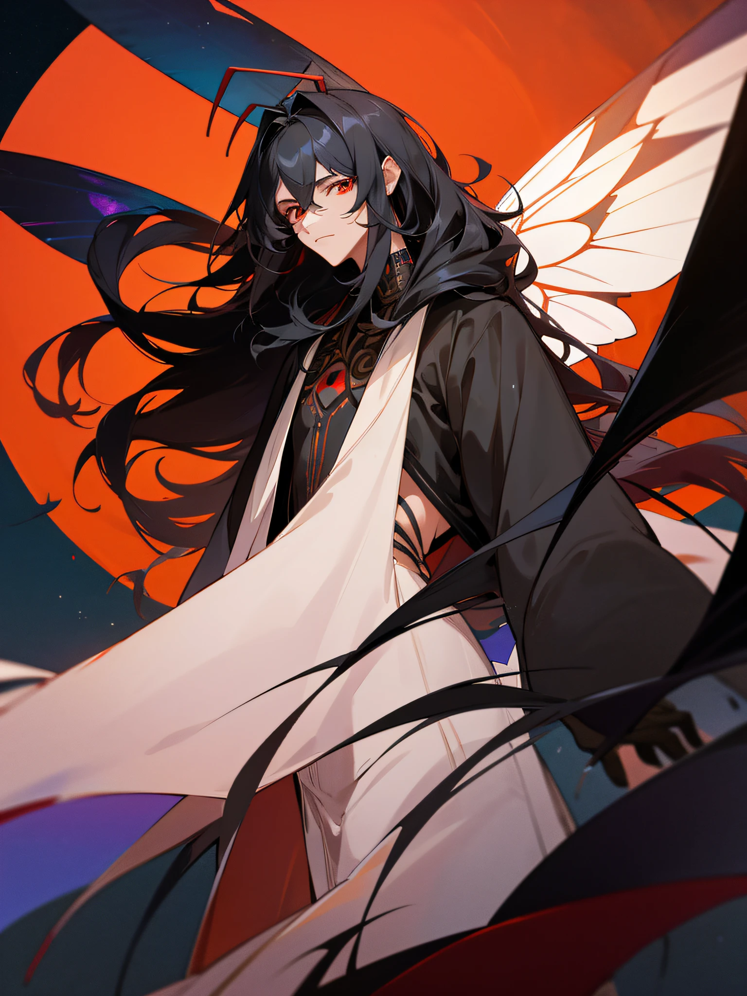 mothfolk, male, black fluff, human, red eyes, photo, tall, antennae, night sky background, male human with moth features, moth wings, long black hair, pretty male human