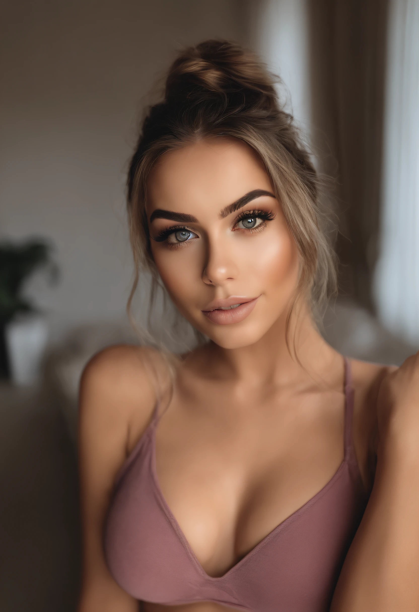 mulher com regata e calcinha combinando, menina sexy com olhos azuis, Retrato Sophie Mudd, Retrato de Corinna Kopf, cabelos loiros e olhos grandes, Selfie de uma jovem mulher, Olhos no clube Violet Myers, ohne Maquiagem, maquiagem natural, staring directly at camera, Rosto com Artgram, dezentes Maquiagem, Impressionante tiro de corpo inteiro, no quarto, Fission