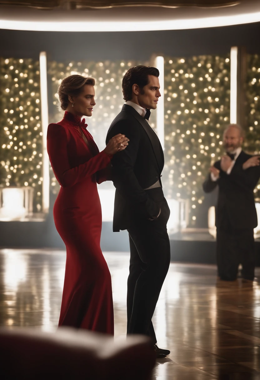 At an elegant gala in a luxurious ballroom, Henry Cavill, impeccably dressed in a bespoke black suit, stands out with his sophisticated demeanor. To his right, Johnny Depp, equally elegant, dazzles in a vibrant red suit, as they both exchange smiles and greet the guests amidst an atmosphere of glamour and intrigue. The twinkling lights and the evening's glow further accentuate the aura of sophistication surrounding the two Hollywood stars. Cinematic realistic portrait, bonito rosto detalhado, rosto realista altamente detalhado, Rosto altamente detalhado de 8k, retrato de rosto detalhado realista, 8k portrait render, sharp high detail face, realistic face moody lighting, rosto realista detalhado, rosto realista humano, Retrato VFX altamente detalhado, rosto detalhado e realista, rosto realista e detalhado