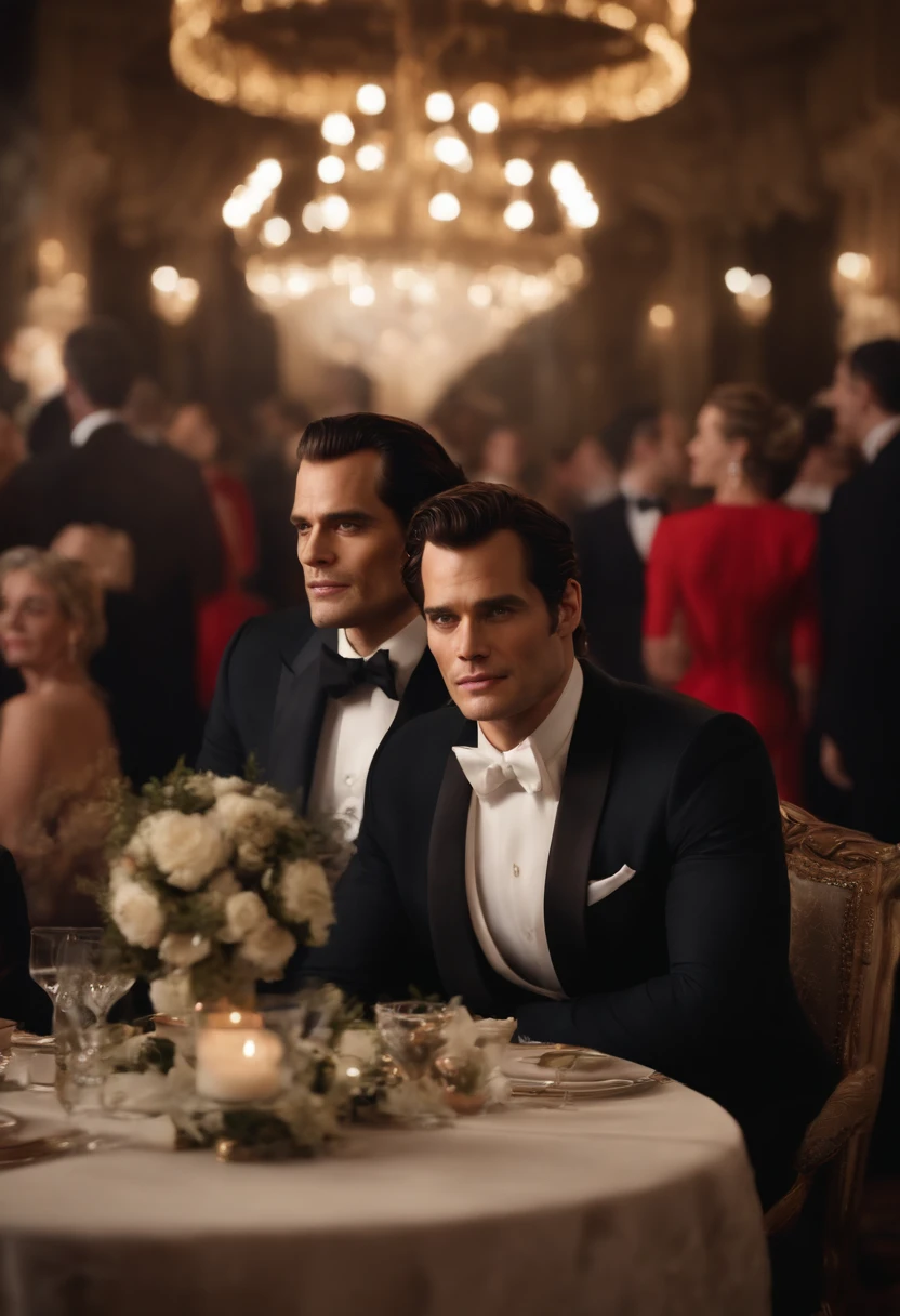 At an elegant gala in a luxurious ballroom, Henry Cavill, impeccably dressed in a bespoke black suit, stands out with his sophisticated demeanor. To his right, Johnny Depp, equally elegant, dazzles in a vibrant red suit, as they both exchange smiles and greet the guests amidst an atmosphere of glamour and intrigue. The twinkling lights and the evening's glow further accentuate the aura of sophistication surrounding the two Hollywood stars. Cinematic realistic portrait, bonito rosto detalhado, rosto realista altamente detalhado, Rosto altamente detalhado de 8k, retrato de rosto detalhado realista, 8k portrait render, sharp high detail face, realistic face moody lighting, rosto realista detalhado, rosto realista humano, Retrato VFX altamente detalhado, rosto detalhado e realista, rosto realista e detalhado