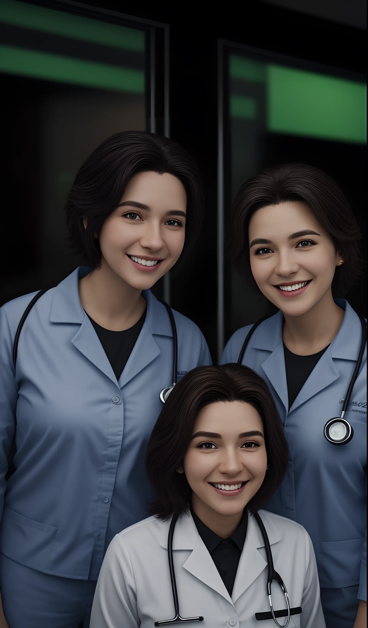 Photo of a lesbian couple in 3D inspired by pixar cartoons / disney.
Mulher branca, 1.60 de altura, cabelo loiro mel abaixo do ombro, liso reto. Light brown eyes doctor outfit with stethoscope on. Neck strap.
Mulher branca, 1.74 de altura, cabelo castanho claro com mechas loiras abaixo do. Ombro, liso reto, olhos verdes, roupa executiva, terninho preto.
In the background we have an office.
They're very close and happy.