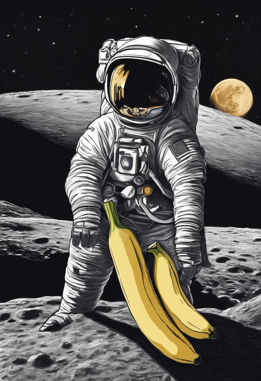 A drawing of an astronaut on the moon eating a banana.