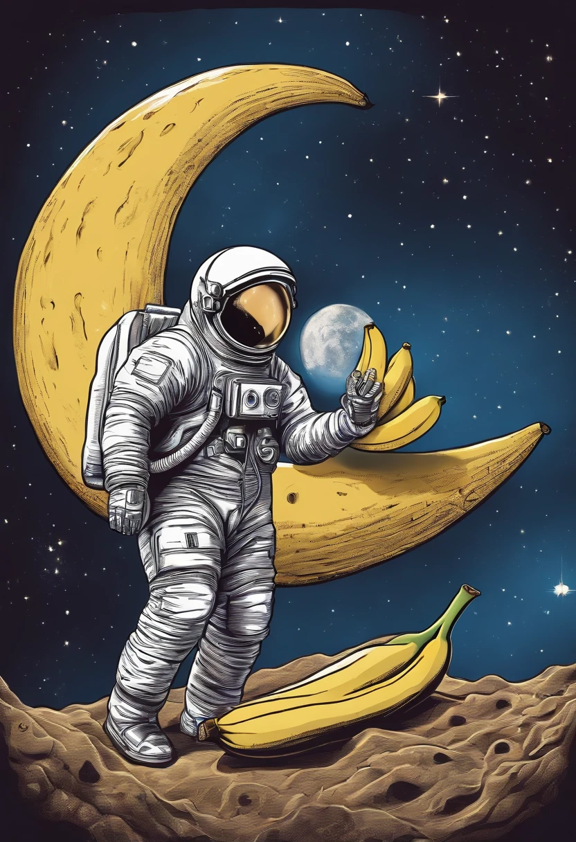 A drawing of an astronaut on the moon eating a banana.