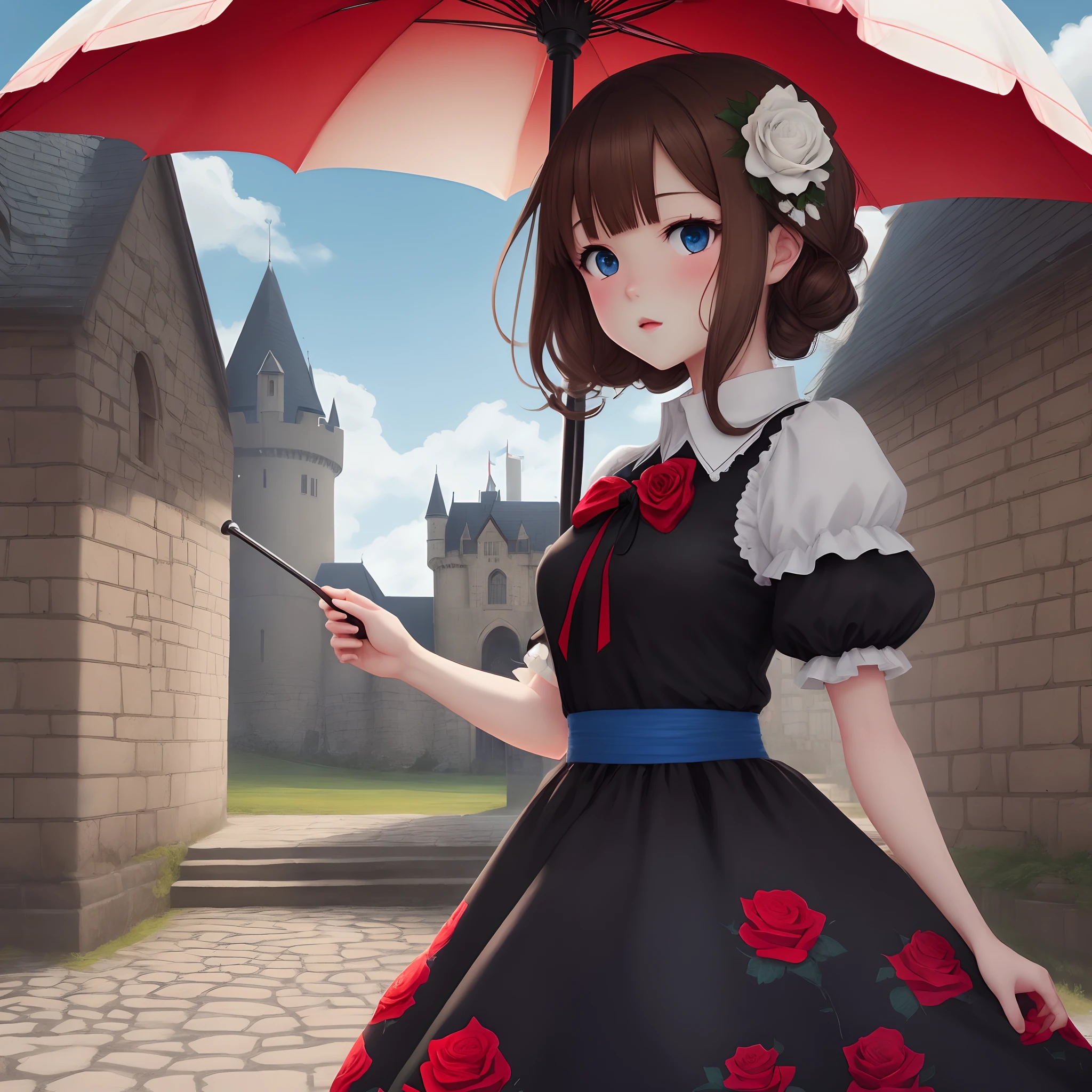 anime girl with brown hair, black and white top with red roses all over it, a black parasol, a gentle face with blue eyes standing infront of a brown castle
