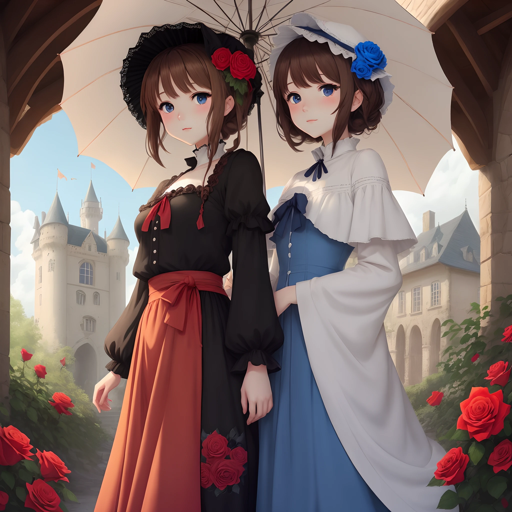 anime girl with brown hair, black and white top with red roses all over it, a black parasol, a gentle face with blue eyes standing infront of a brown castle