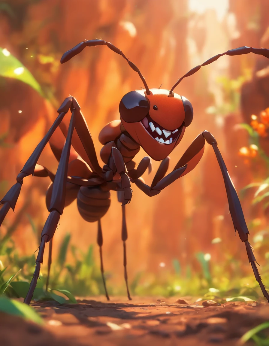 image, 8k, realistic, cinematography,"Describe a scene in which a giant ant with its entire body, close by, passes by João do Barro, with its beak open.