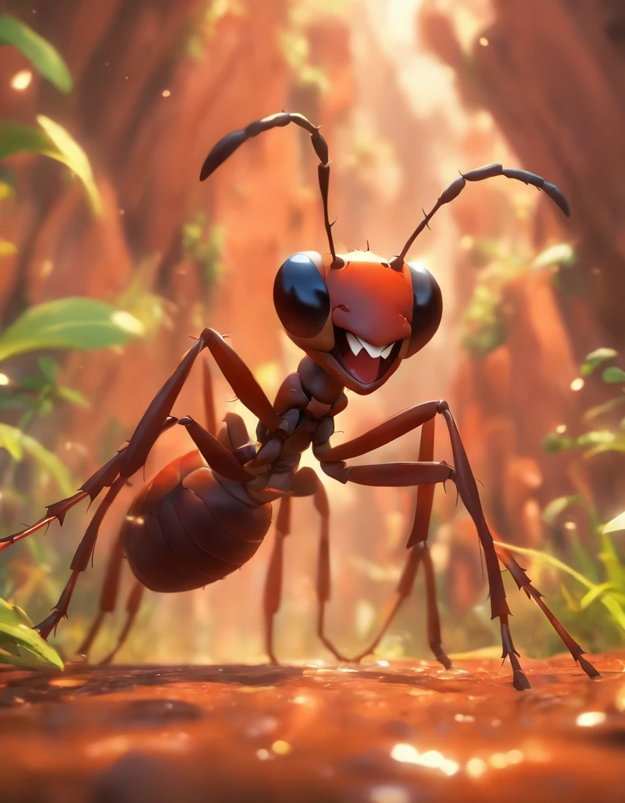 image, 8k, realistic, cinematography,"Describe a scene in which a giant ant with its entire body, close by, passes by João do Barro, with its beak open.
