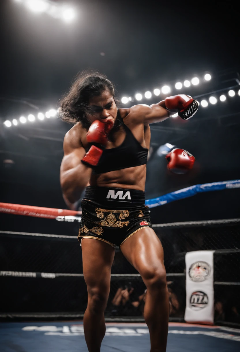 Empowered black woman muay thai fighter, inside a boxing ring, top camera, 8k, punching bags behind --auto --s2