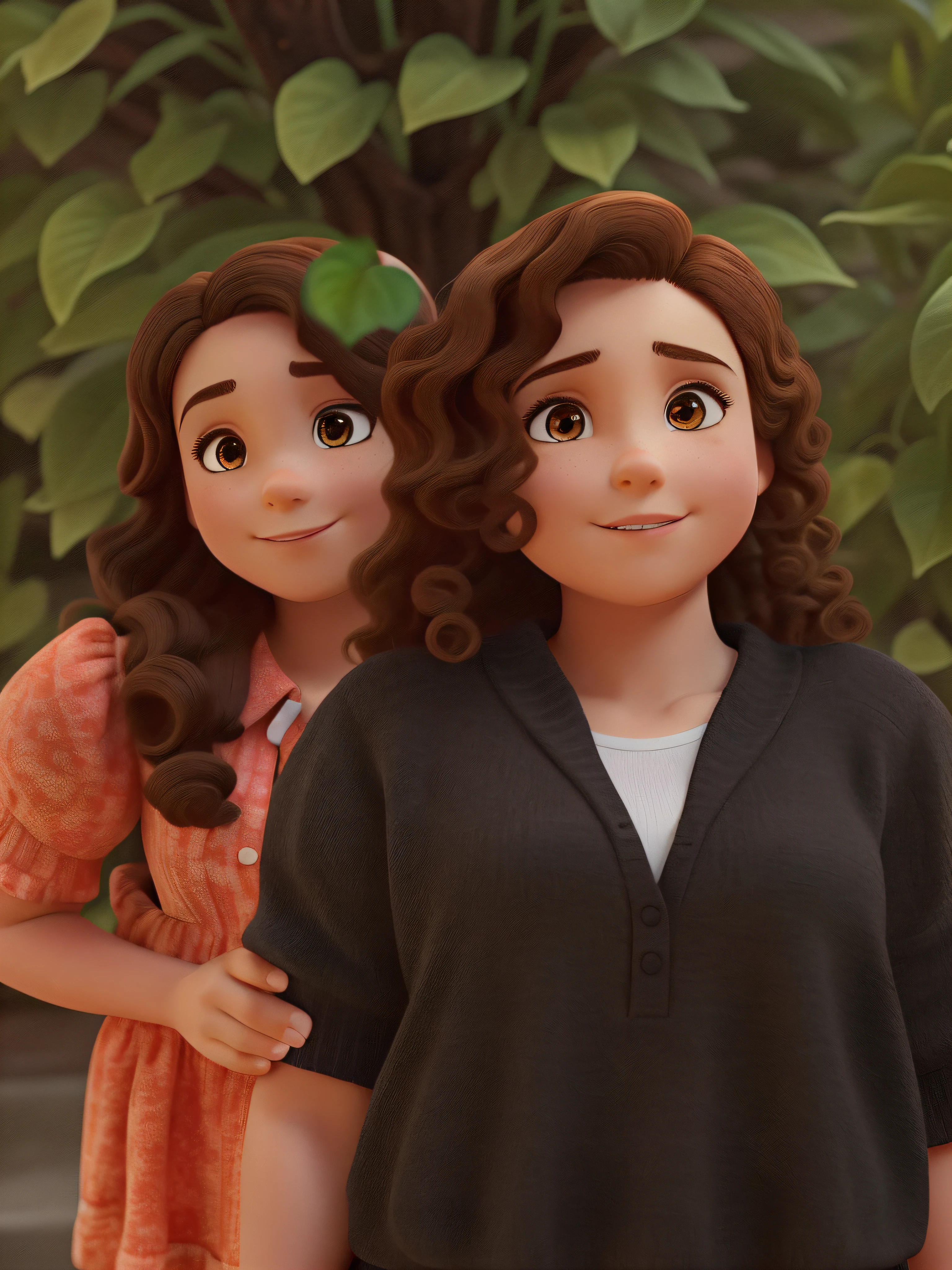 A white woman with straight brown hair and small eyes next to a dark-skinned woman with medium-sized curly hair with high quality and best quality