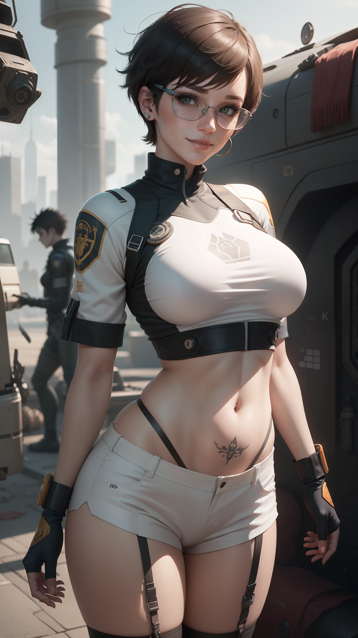 gwen tennyson,tracer,yorha 2b,y'shtola rhul,rebecca chambers,overwatch,nier automata,mech pilot,mech workshop, tattoos,orange and silver plugsuit,white short sleeve pilot top,steel lycra micro shorts,garter belt,uncovered belly, short hair,cute makeup,green eyes,dimensional golden hair,shy smile,freckles,beautiful girl,large breasts,8k,ultra detailed,realistic,fantasy art,cyberpunk armor,mechanic uniform,ear piercings,saiyan girl,saiyan female,white short sleeve mech jacket, wet shirt,mechanic goggles,