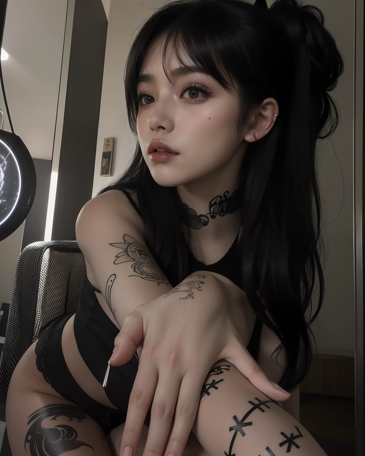 There is a woman with tattoos on her arms and arms, cruel korean goth girl, de menina taiwanesa com tatuagens, 1 7 - year - old anime goth girl, goth girl aesthetic, kanliu666, Ulzzang, Xianxia de corpo inteiro, pale goth beauty, Menina anime na vida real, tatuagem escura, 1 7 - year - old goth girl