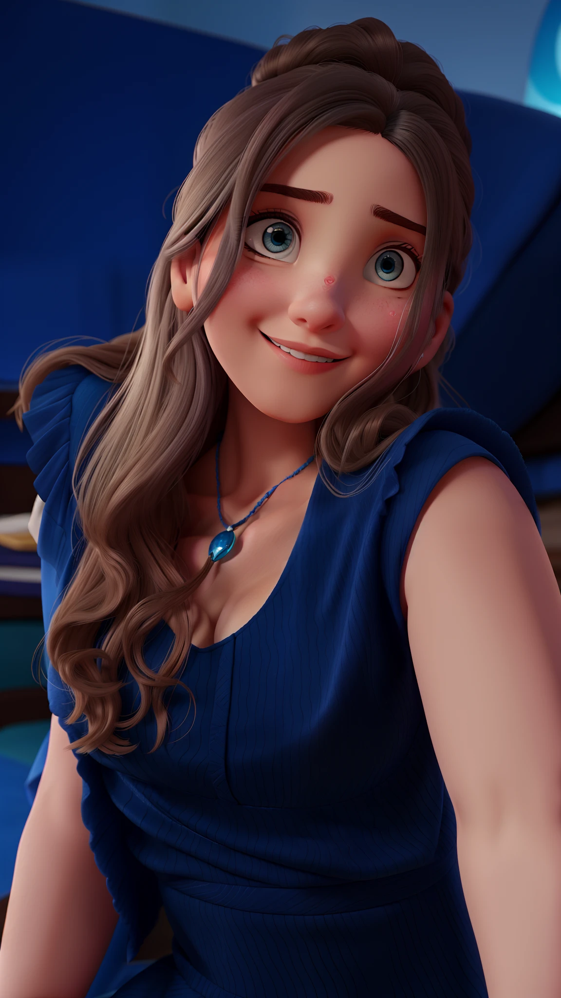 Uma mulher branca com vestido azul estilo Disney Pixar alta qualidade melhor qualidade