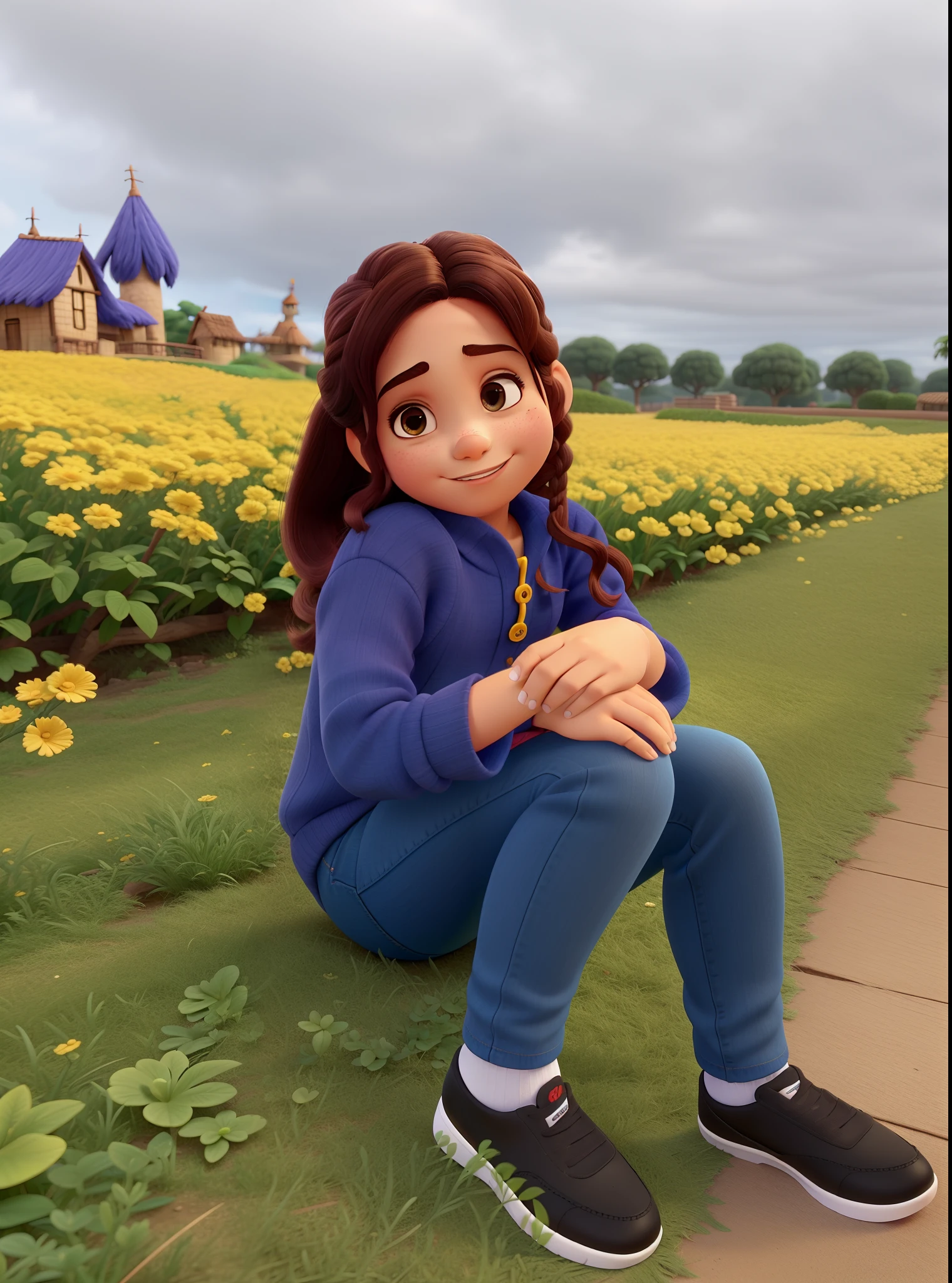Menina morena de 7 anos, com cabelos castanhos longo, estilo Disney pixar, melhor qualidade