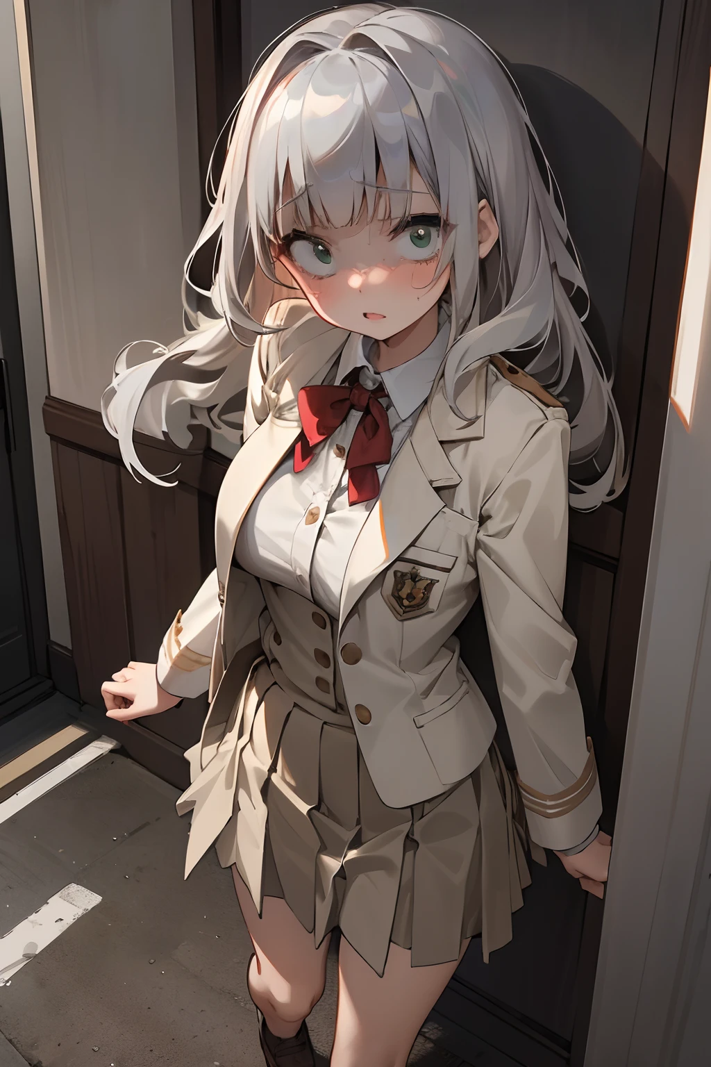 ((Masterpiece)), (Professional Photography:1.2), (High Definition:1.3), from above, best quality, 8K, Textured skin, cinematic lighting, (1girl), short stature, ((cute teenage young girl)), (standing on one leg), on the road to summerday, (very blunt bangs, slightly loose curls hair, breasts length hair, high details of pale silver hair), very blush face, (cute green eyes), drooping eyes, slender waist, (pale Ivory color blazer student's uniform, white blouse), put on red string ribbon, (brown skirt)