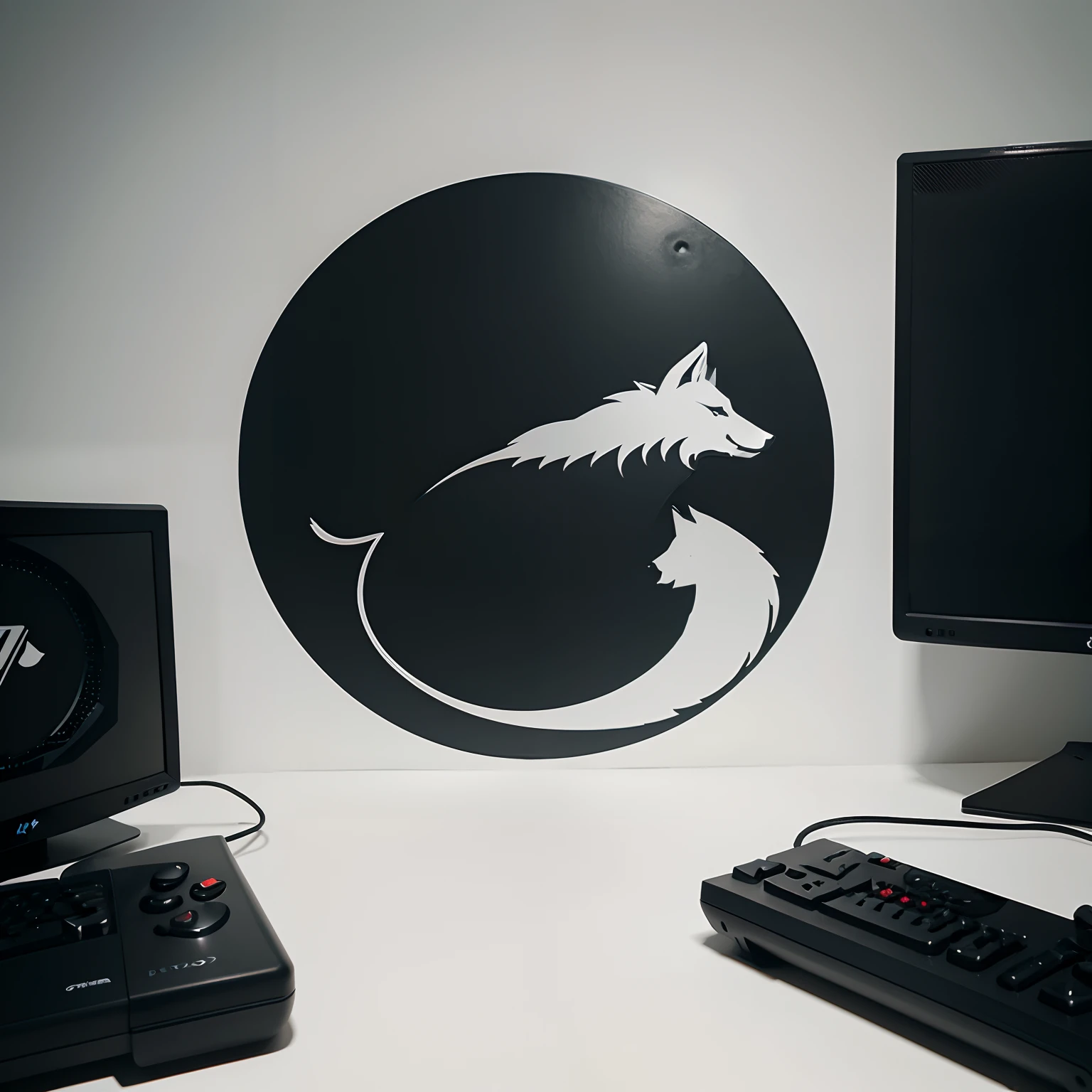 Minimalist logo of a wolf and a gaming pc for a company
