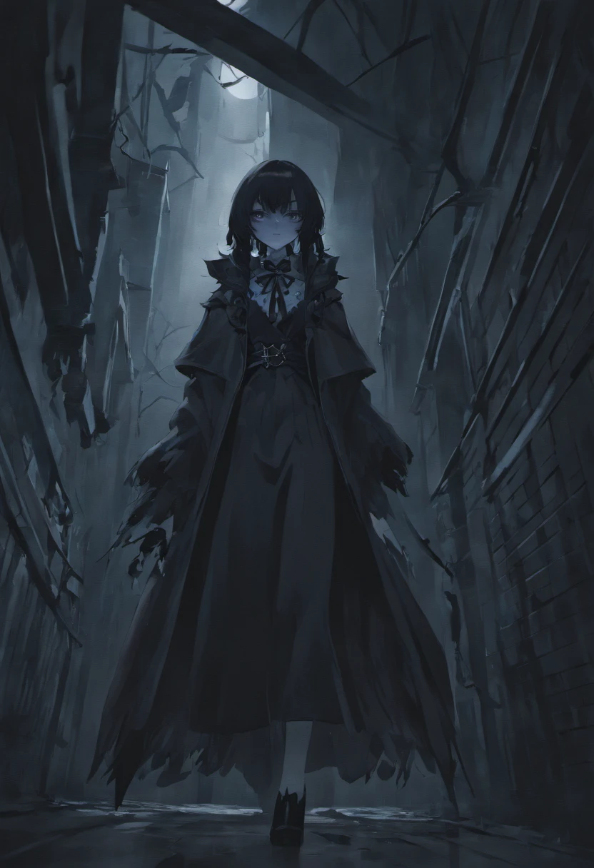 Generate a compelling and eerie narrative for a black and white image of a vampire monster lurking in the shadows, poised for an impending encounter with an unsuspecting victim. Describe the scene, the monster's appearance, the victim's emotions, and the overall atmosphere in vivid detail.