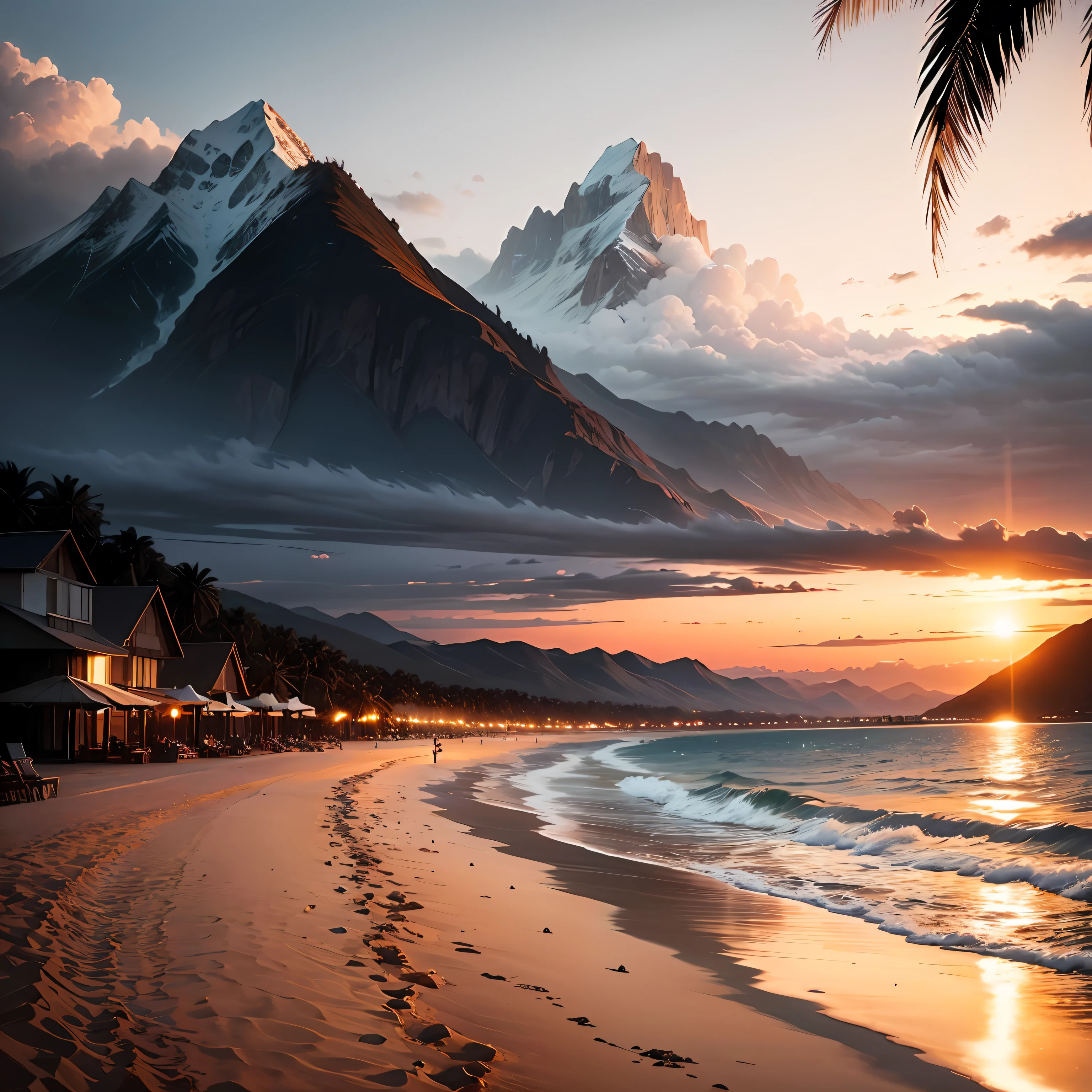 On the beach at dusk，mountains surrounding，The sky takes on a golden glow，coconut palms、sandbeach --auto