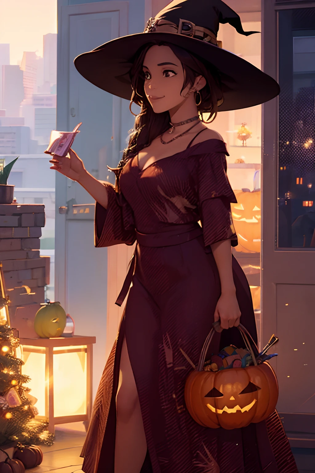 Rio morales, milf, giving candy on halloween night, wearing witch outfit, ourside door