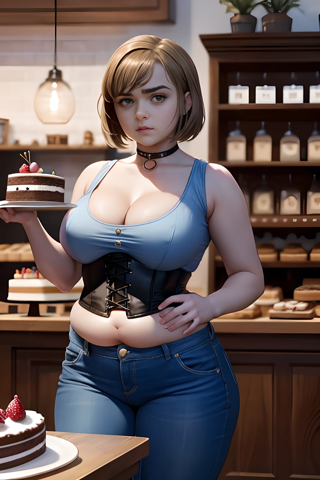 Maisie Williams, two girls, sisters, duo, at a bakery, surrounded by cake, cake everywhere, cake on shelves in background, studio lighting, ultra detail, realistic, big breasts, (big breasts:1.2), thicc hips, chubby belly, (chubby belly:1.2), wearing blue jeans, wearing red corset, wearing choker necklace,