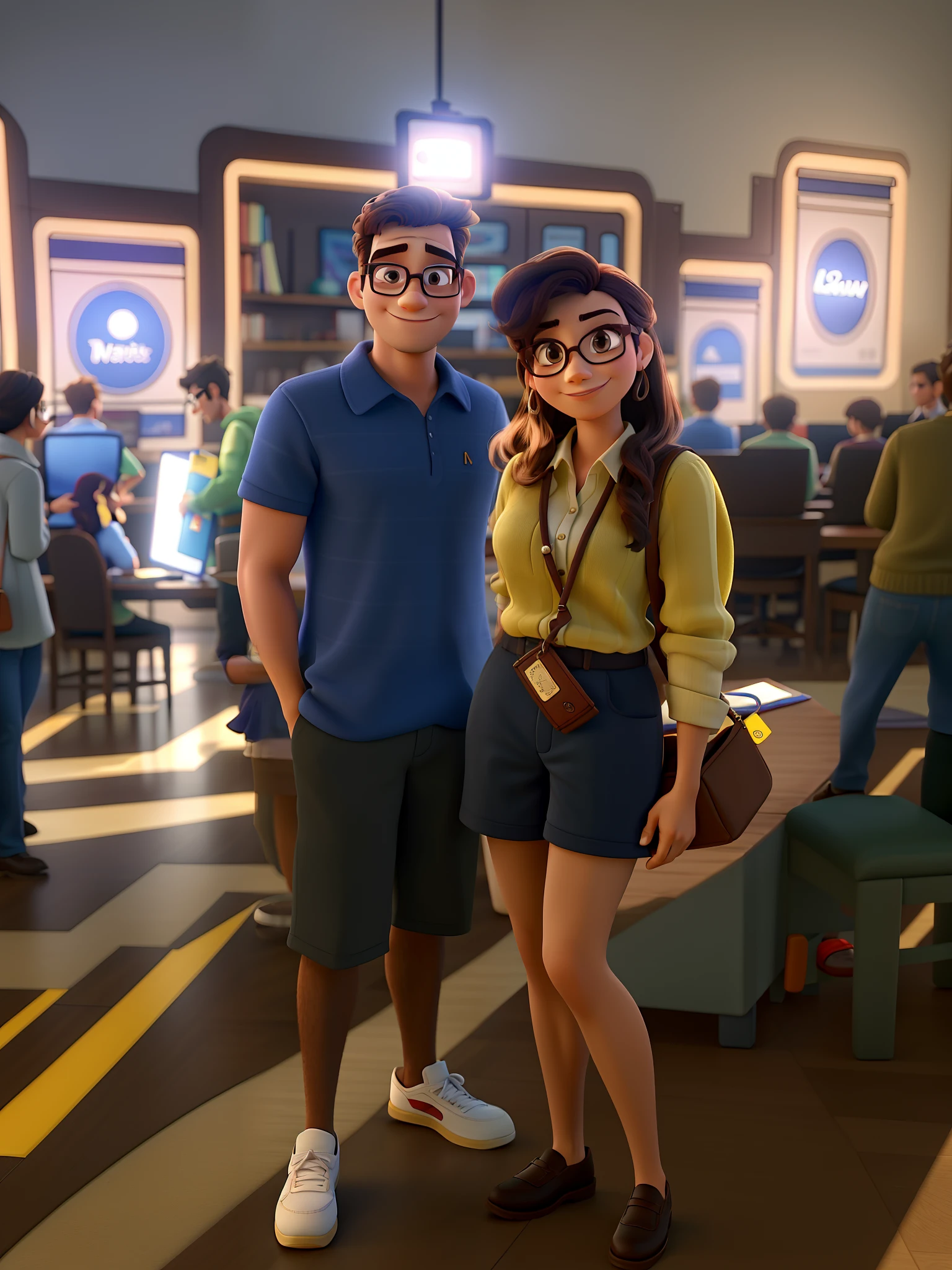 A man and a woman with glasses, no estilo Disney pixar melhor qualidade, maior qualidade.