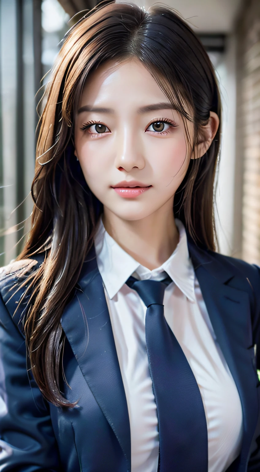 8K RAW photo，high resolucion;，21-year-old Korean high school girl，big round breasts，school uniformss，Tie，tie ribbon，Ivory Blazer Jacket，Superskirt，beautiful eyes in detail，long eyeslashes，beautiful double eyelids，eyeshadows，Slit eye，sanpaku eyes，heavy eye makeup，EvilSmile，beautiful thin legs，high ponytail，school classroom, Ultra-fine face, Fair eyes, Double eyelidd,Ultra detail face,Detail Lip,Detail Hair,Detail Eyebrows,Detail: finger, Detail, line of sight,Realistis,a photo of,delicate detail,