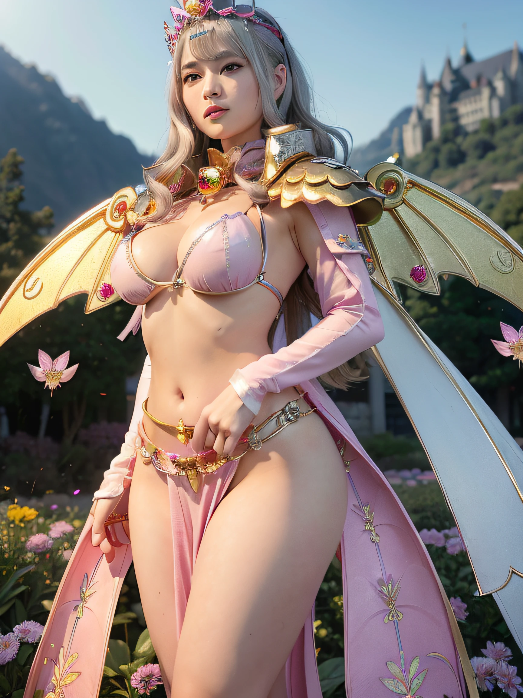 (masutepiece), Professional , masterpiece、top-quality、photos realistic , depth of fields (Gemstone Flower Metal Body:1.4),(Matte Silver Pink、Jewel Gold Weapon、(Gorgeous castle background)、(ultimate beauty girl)、(Flower rainbow fairy wings grow)、(Jewel Flower Metal Body:1.9),Gorgeous Jewel Metal Weapons , Detailed Sword of the Brave ,( a blond) ,warhammer 40k ,((Floral Micro Bikini))、Particles of light、(Beautiful flower garden background)、 adepta sororitas,Detail and ornate jewel crown、独奏、Brown hair、(Gangle's forest background)、Beautiful Caucasian beauty、1a person、dynamic ungle,(((Diamond tiara with detail and luxury)))、a small face、Powerful poses、(Gorgeous castle background)、huge filesize、20 year old beautiful woman、Thin female fingers、Straight long hair、Beautiful Caucasian beauty、Valley、Fairy of Light、Particles of light、