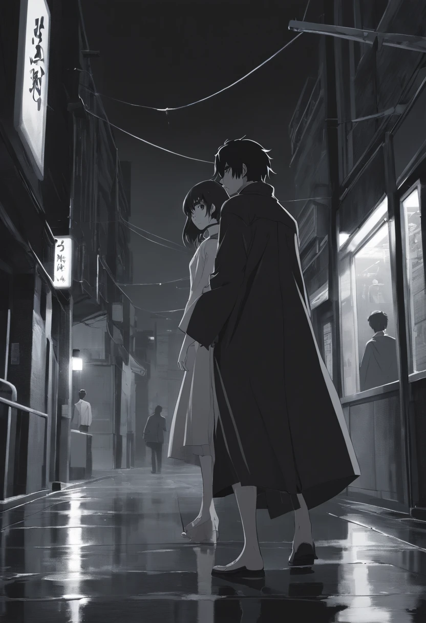 Generate a compelling and eerie narrative for a black and white image of a vampire monster lurking in the shadows, poised for an impending encounter with an unsuspecting victim. Describe the scene, the monster's appearance, the victim's emotions, and the overall atmosphere in vivid detail.
