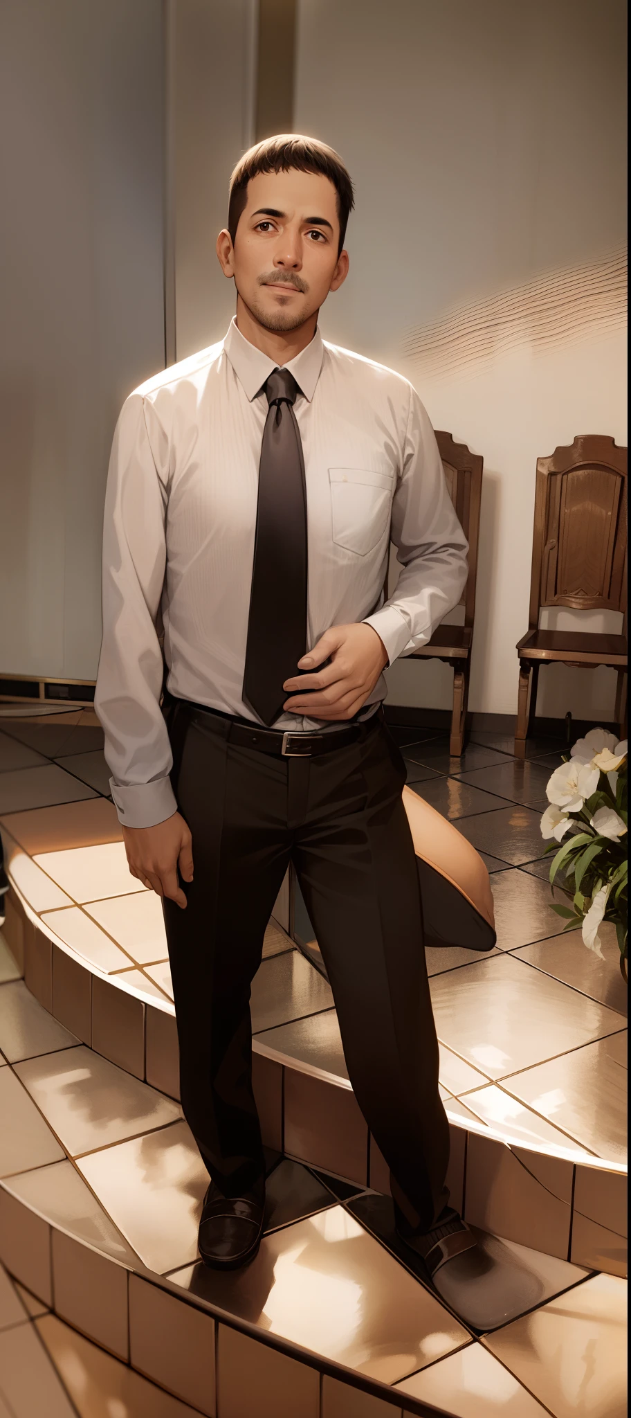 There's a man standing on a set of stairs wearing a tie, imagem de corpo inteiro, traje formal, vestindo uma camisa com gravata, ready for a meeting, foto de corpo inteiro, vestindo camisa, ele tem cerca de 50 anos, ele tem cerca de 5 0 anos de idade, imagem de qualidade muito baixa, Mohamed Chahin, full body photgraph