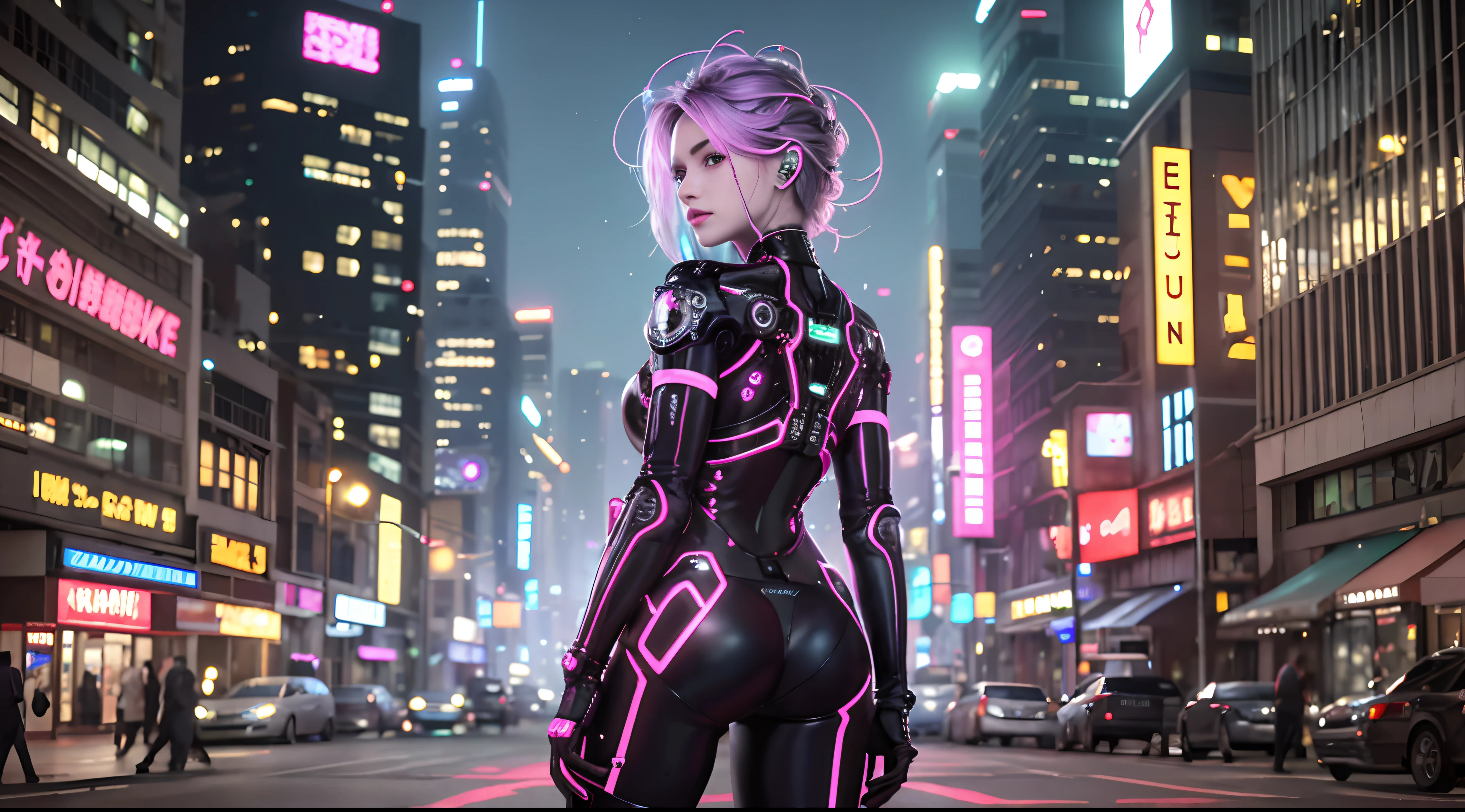 1 mechanical girl、((Detalhes super realistas))、porato、globaliluminação、sombras negras、octan render、8k、ultrasharp、metal、Detalhes de ornamentos complexos、cores frias、Gothloli detalhes、Detalhes altamente intrincados、luz realista、CGSoation Trends、um olho roxo、Olhos Radiante、Facing the camera、detalhe da luz neon、mechanical limbs、blood vessels attached to the tube、mechanical vertebrae attached to the back、mechanical cervical attaching to neck、Sente-se no、wires and cables connecting to head、The backdrop is a cyberpunk space、Foto realista em formato widescreen adequado para um monitor 4K. Capture of a desolate and ruined street after a technological apocalypse. Ao longo da rua, Rusty and abandoned cars are strewn about, With broken buildings and shattered windows in the background. humanoid robots, with advanced and detailed design, patrulham a cena com luzes vermelhas cintilantes em seus olhos, Giving a sinister feeling. In a big building in the background, A luminous hologram of a digital brain stands out, Pulsing with lines of code, symbolizing the epicenter of the artificial intelligence that now controls this cityscape.