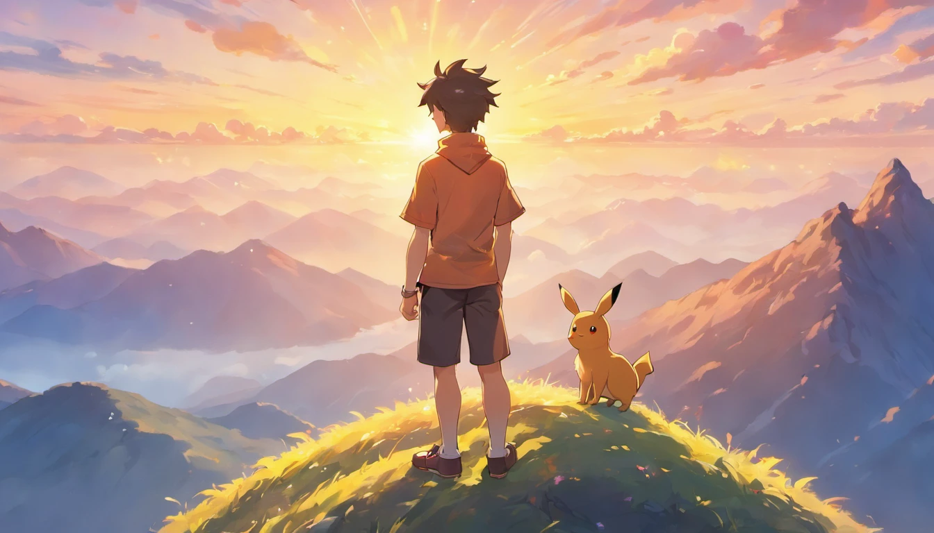 A young man stands on top of a mountain, contemplando un hermoso atardecer. A medida que el sol se oculta lentamente en el horizonte, Warm, vibrant colors paint the sky. The young man feels a deep inspiration and motivation when he observes this beautiful landscape. He describes how the beauty of the sunset is reflected in his eyes, filling them with hope and determination. She details how this moment reminds her of the importance of pursuing her dreams and working hard to reach her goals. He mentions how he feels strengthened and confident as he witnesses the grandeur of nature, and how this drives you to make the most of your potential and meet any challenges that come your way.