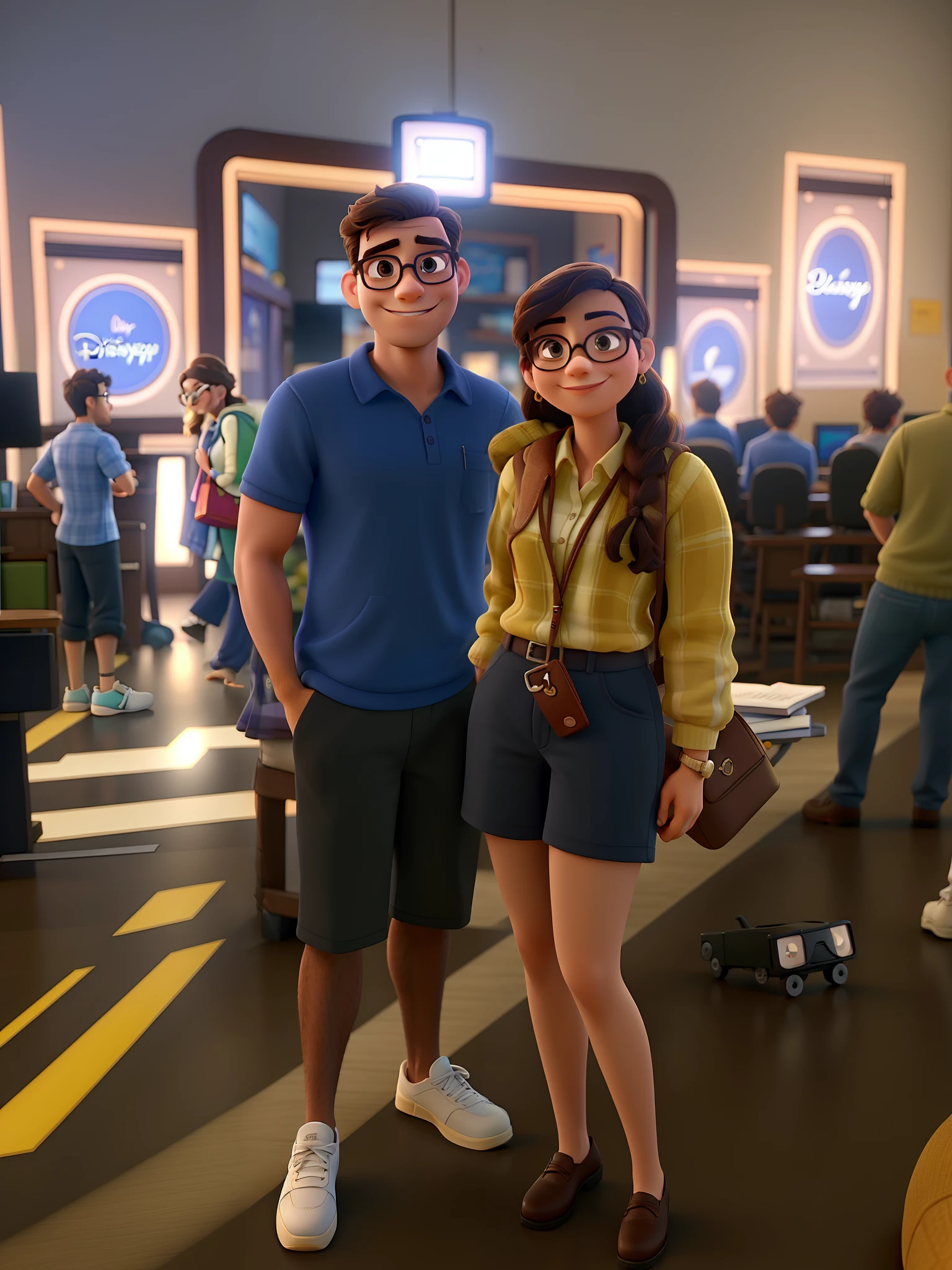 A man and a woman with glasses, no estilo Disney pixar melhor qualidade, maior qualidade.