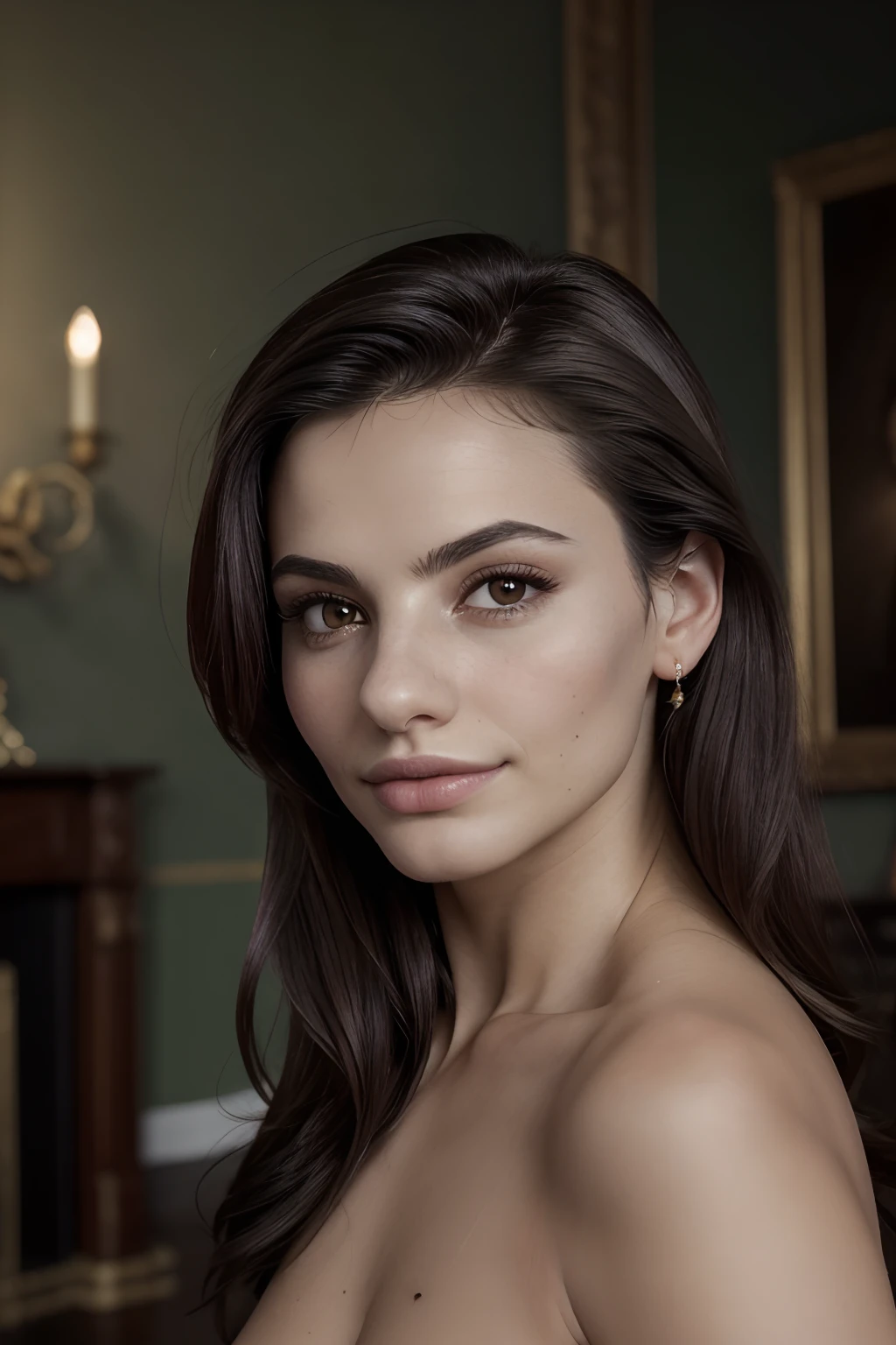 photo of the highest quality, a masterpiece,(((there is a one  small mole above the right lip on the right))), portrait. waist-high, very beautiful European woman from high society,the texture of the skin is very well worked out,  dark hair looks gorgeous masterpiece-high resolution against the background of a rich living room.